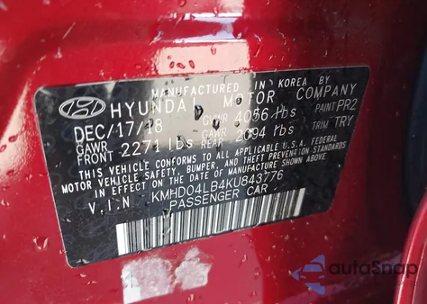 2019 Hyundai Elantra Sport z USA, uszkodzony, nr VIN KMHD04LB4KU843776